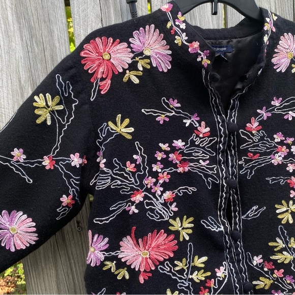 Boston Proper Acrylic Wool Blend Black Jacket with Colorful Floral Embroidery M - Picture 4 of 8